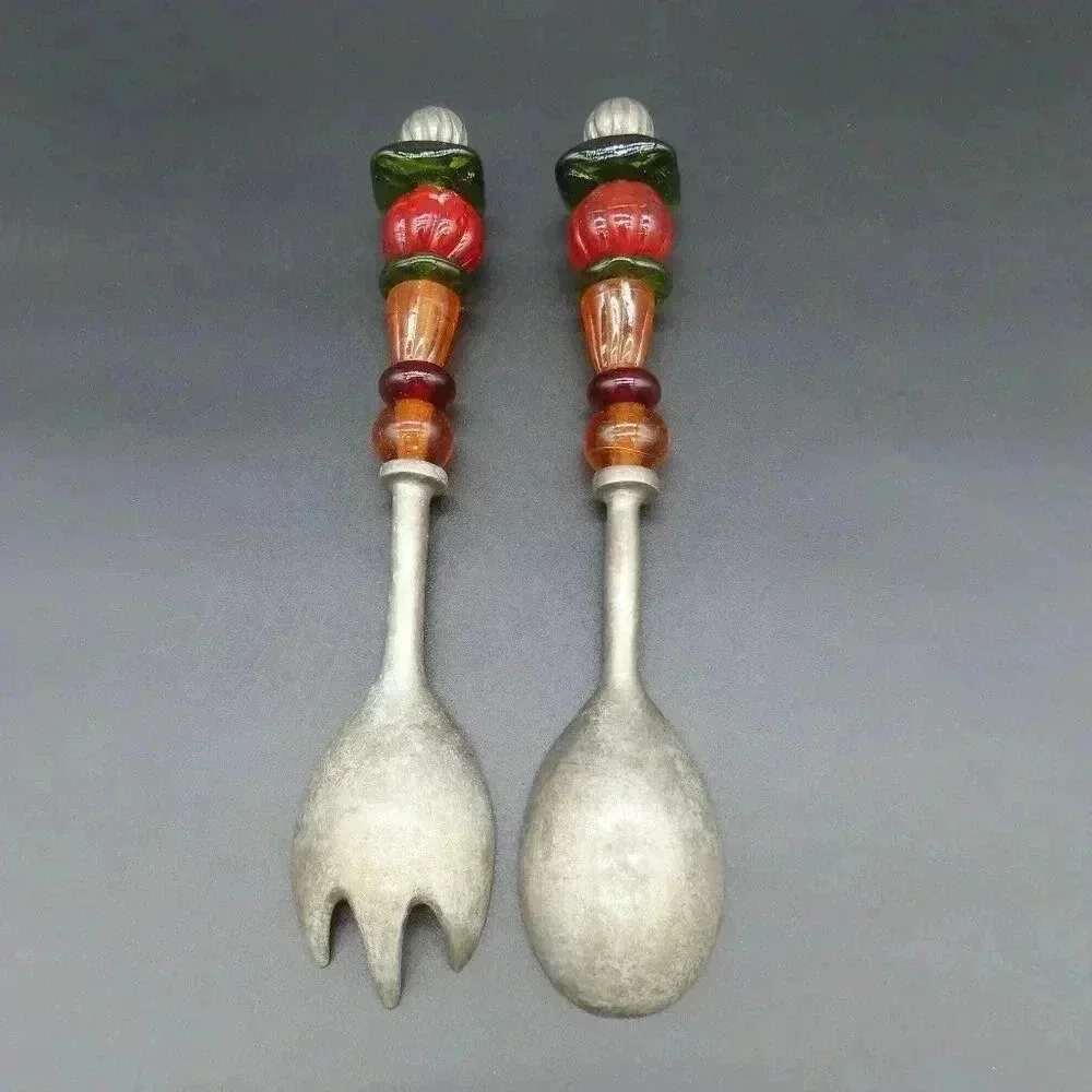 Handcrafted Large Serving Spoon Fork Set with Beaded Handles Vintage MCM